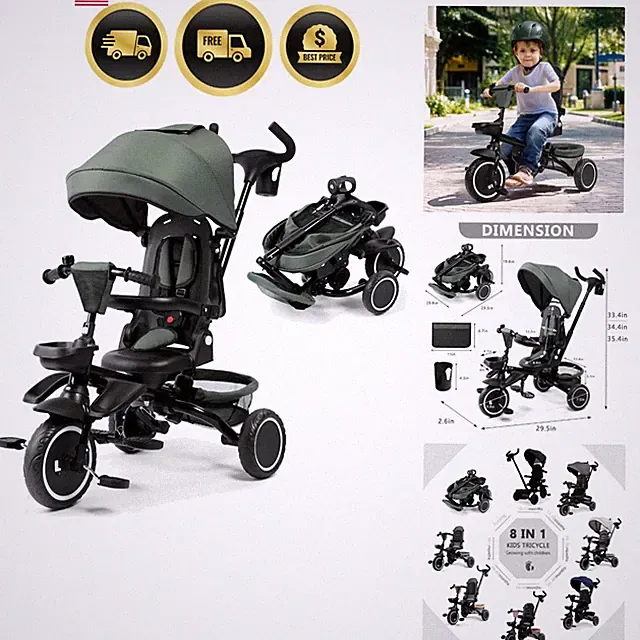 Kids Tricycle, 8 in 1 Folding Toddler Trike w/Adjustable Push Handle, Rotatab...